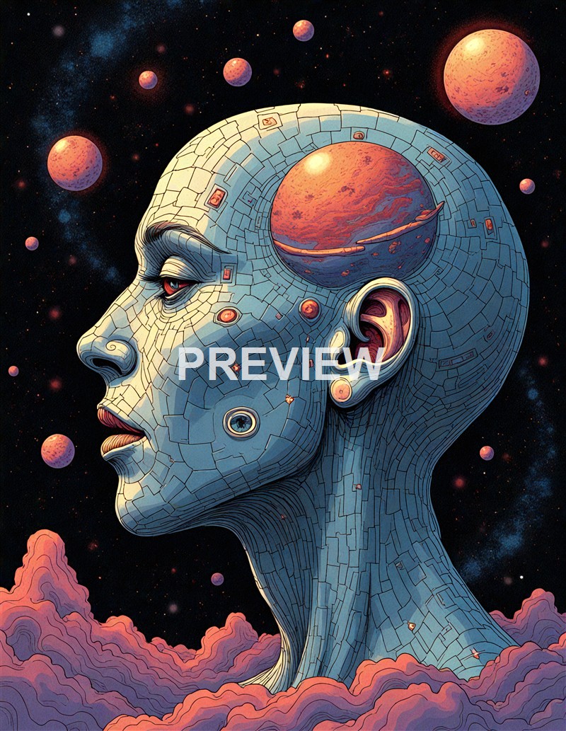 A surreal illustration of a human head with a cracked, mosaic-like surface, featuring a planetary scene on top of the head, with planets and stars in the background, and clouds at the bottom.